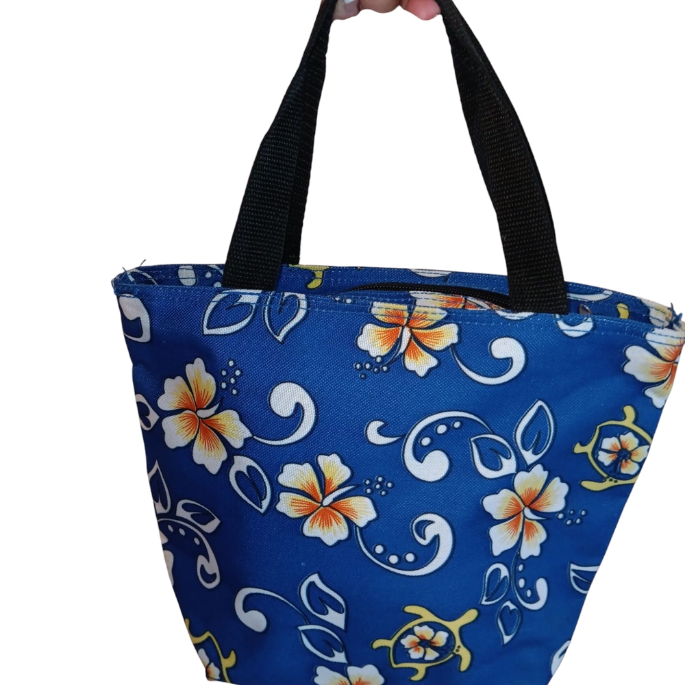 D&D Trading Hawaii Floral Tote Bag Blue With White And Orange Flowers 9X10"